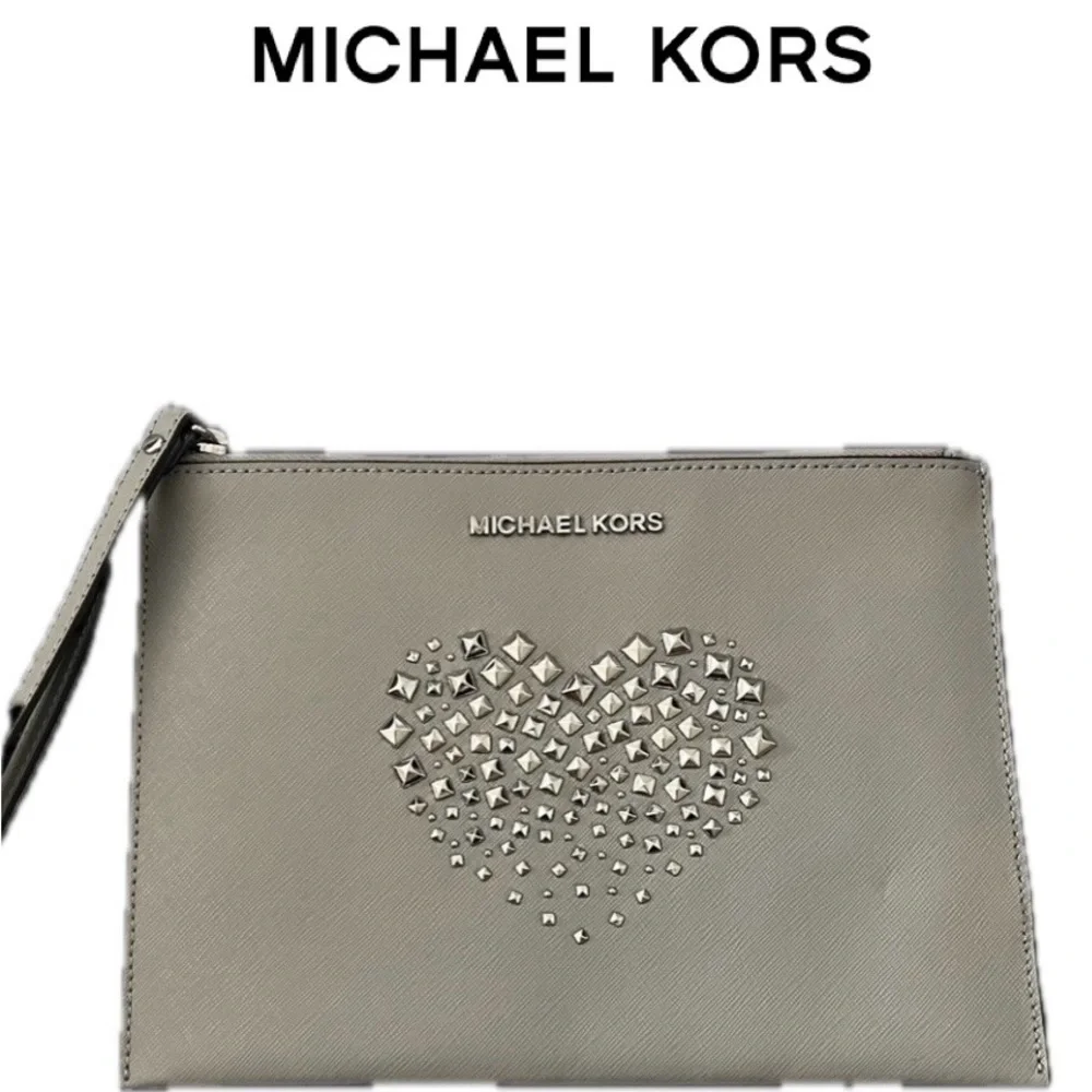 Michael Kors Giftables XL Zip Clutch Bag Saffiano Leather “Gray” Heart Studs